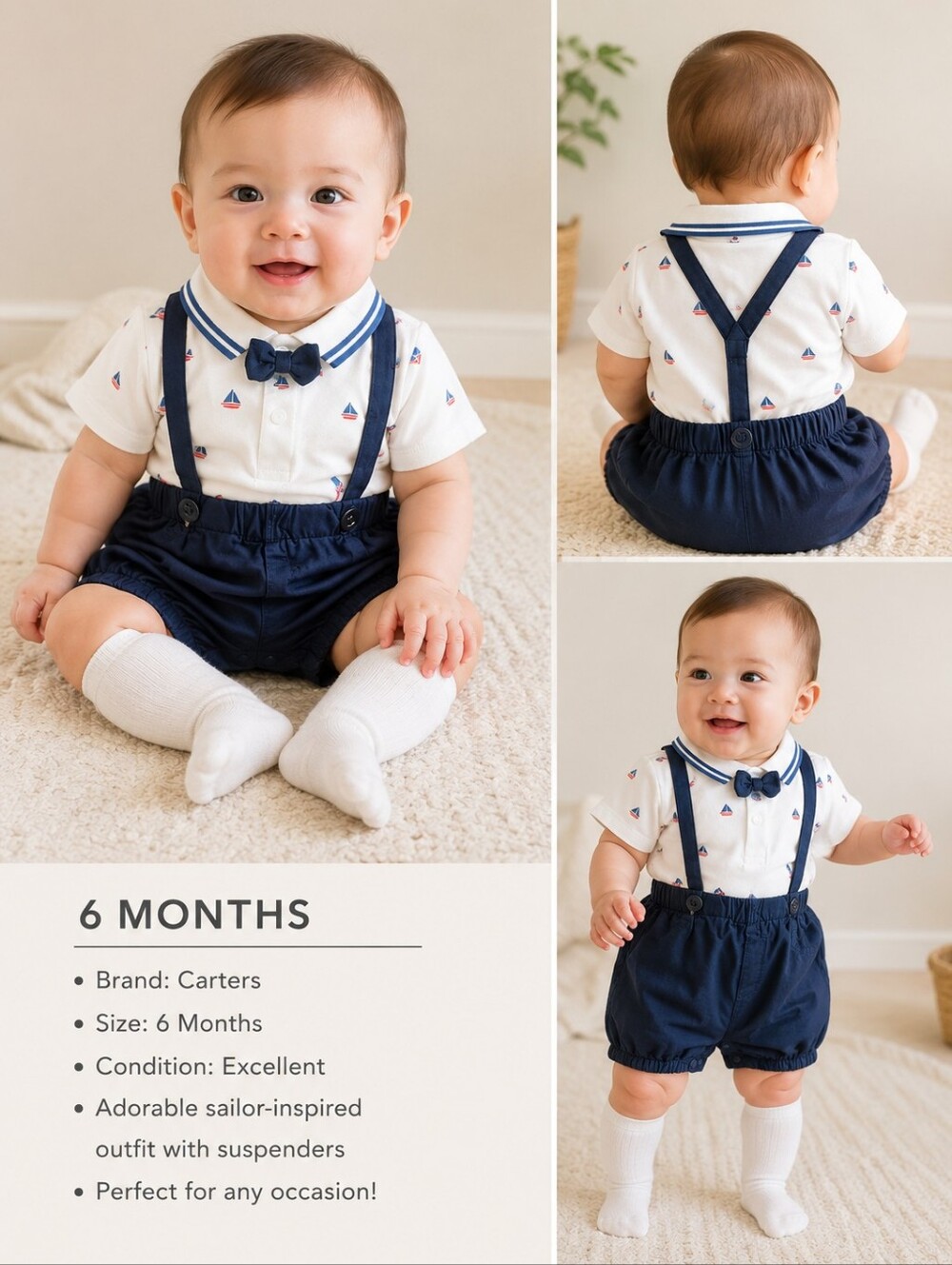 Navy & White Sailor Baby Romper Set with Bow Tie 3-6 Months